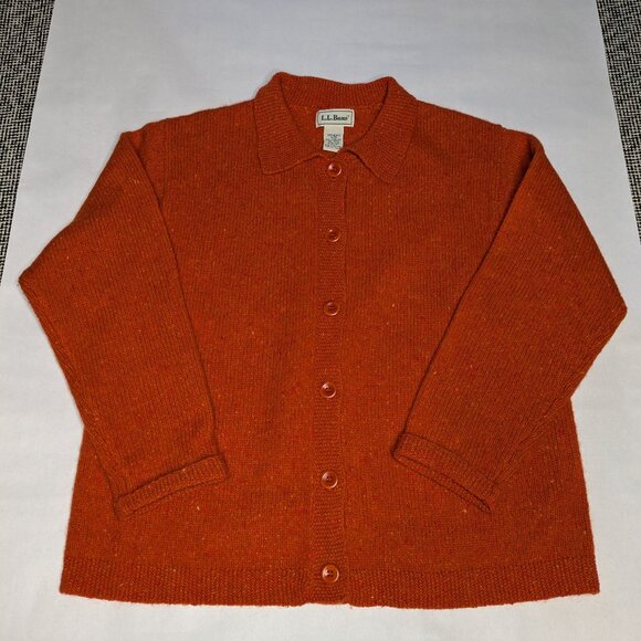Vintage LL Bean Orange Lambswool Cardigan Sweater Size Women's Medium Button Up - Picture 1 of 9